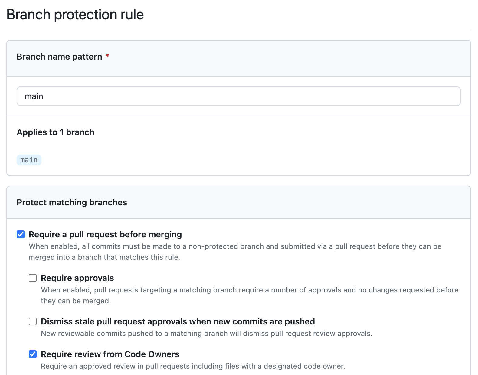 GitHub Branch protection rules settings.