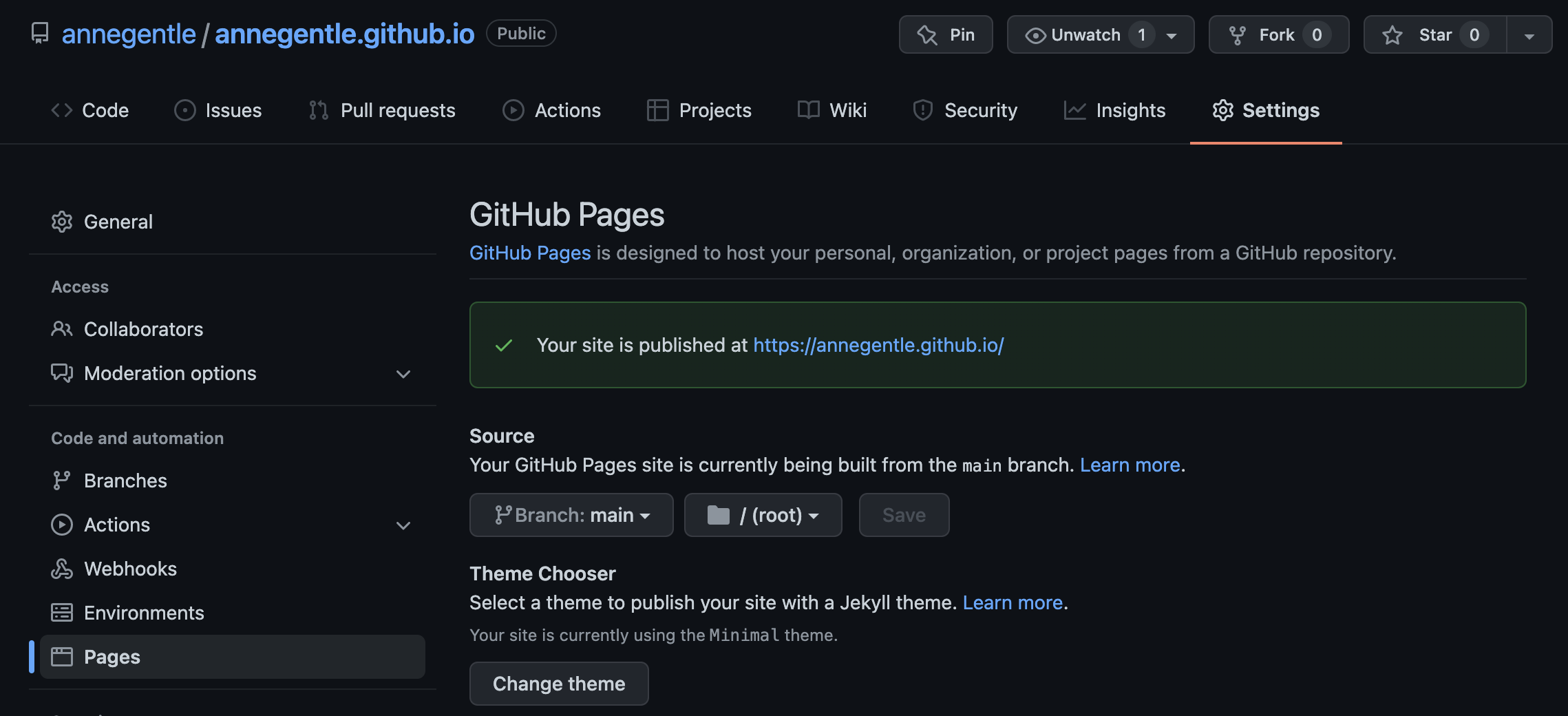 GitHub repository Settings then Pages sidebar